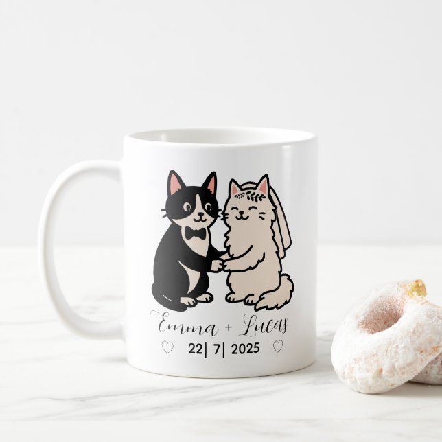 Cute Bride & Groom cats personalised name wedding  Coffee Mug (With Donut)