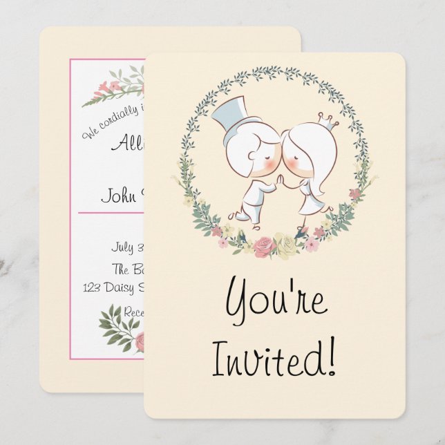 Cute Bride & Groom Floral Wedding Invites (Front/Back)