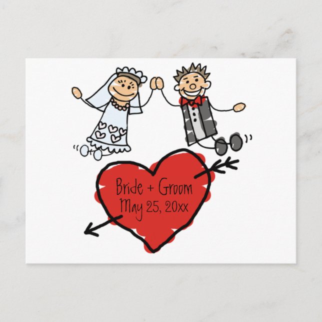 Cute Bride Groom Personalised Heart Save The Dates Announcement Postcard (Front)