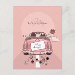 Cute Bride & Groom Pink Getaway Car Invitation