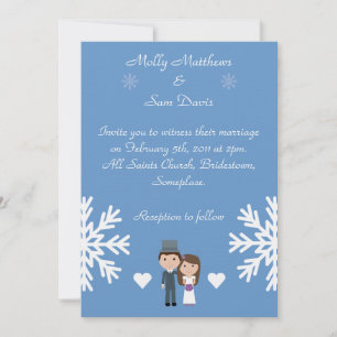 Cute Bride & Groom Snowflakes Blue Winter Wedding Invitation
