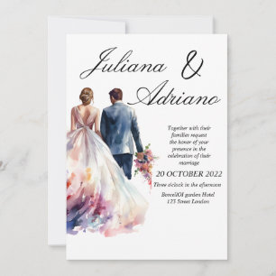 Cute bride groom watercolor wedding card modern
