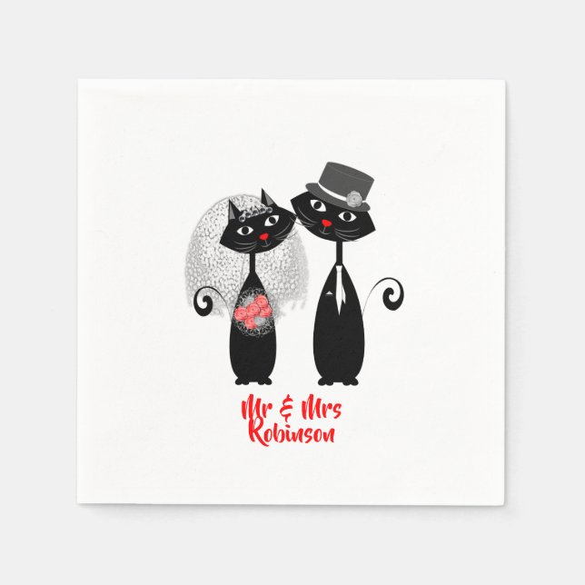 Cute Bride | Groom Wedding Cats Personalised Napkin (Front)