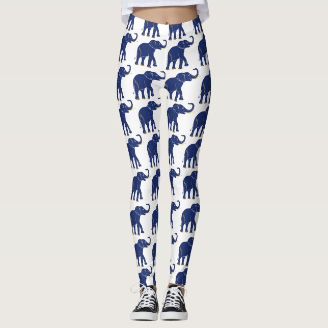 Cute Bright Blue Thai Elephant Pattern Leggings (Front)