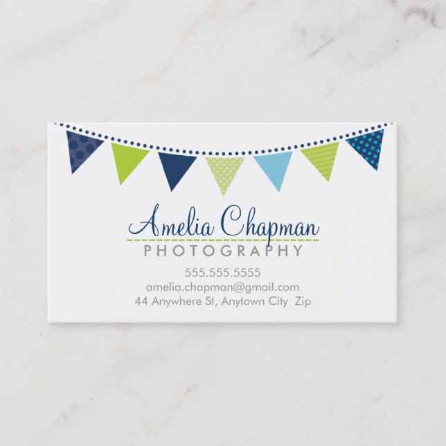 CUTE BRIGHT BUNTING bold party navy blue lime Business Card (Front)