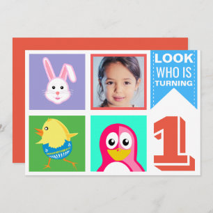 Cute Bright Colourful Animals First Birthday Party Invitation