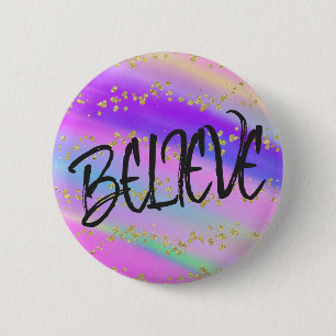 Cute Bright Colourful Believe Gold Glitter 6 Cm Round Badge
