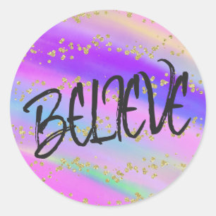 Cute Bright Colourful Believe Gold Glitter Classic Round Sticker
