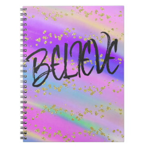 Cute Bright Colourful Believe Gold Glitter Notebook