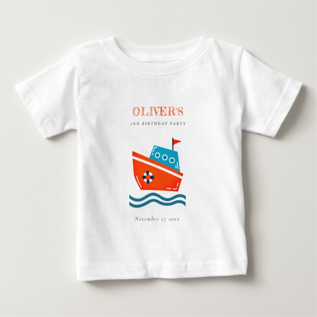Cute Bright Kids Nautical Boat Any Age Birthday Baby T-Shirt (Front)
