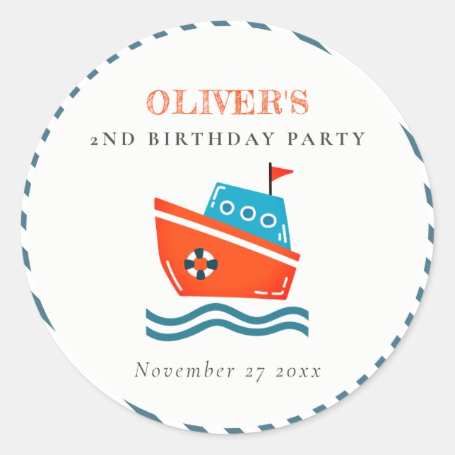 Cute Bright Kids Nautical Boat Any Age Birthday Classic Round Sticker (Front)