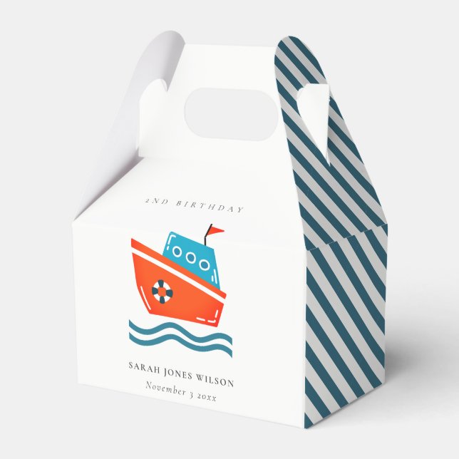 Cute Bright Kids Nautical Boat Any Age Birthday Favour Box (Front Side)