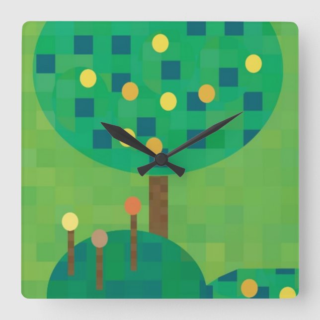Cute bright mosaic art trees with citrus square wall clock (Front)