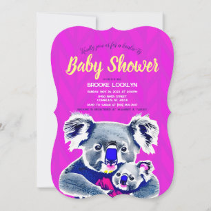 Cute Bright Neon Pink Mum and Baby Koalas Shower  Invitation
