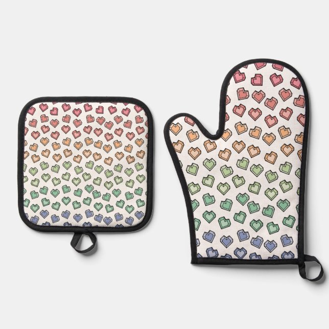 Cute Bright Pastel Rainbow Gemstone Heart pattern Oven Mitt & Pot Holder Set (Front)