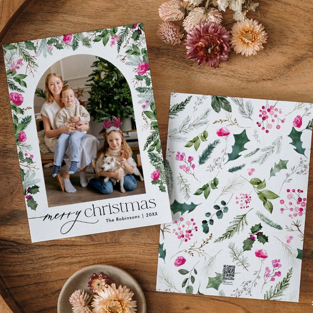 Cute Bright Pink Botanical Greenery Arch 1 Photo Holiday Card (Creator Uploaded)