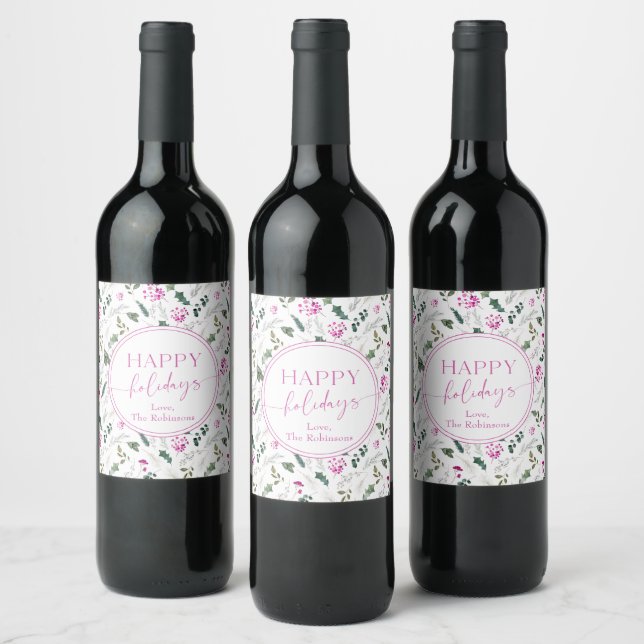 Cute Bright Pink Botanical Happy Holidays Wine Label (Bottles)