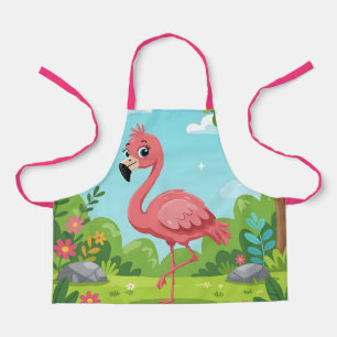 Cute bright pink flamingo in garden apron