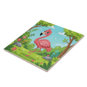 Cute bright pink flamingo in garden ceramic tile