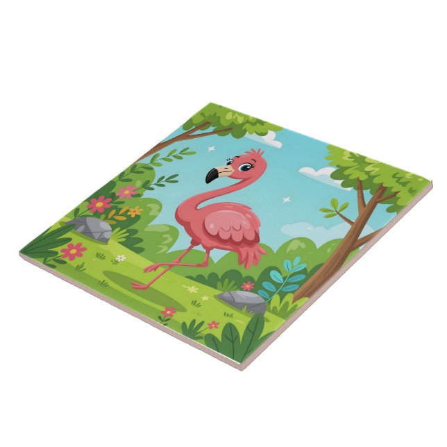 Cute bright pink flamingo in garden ceramic tile (Side)