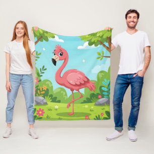 Cute bright pink flamingo in garden fleece blanket