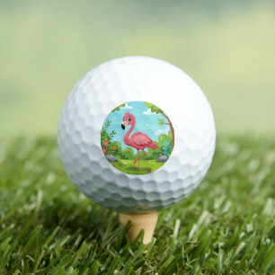 Cute bright pink flamingo in garden golf balls