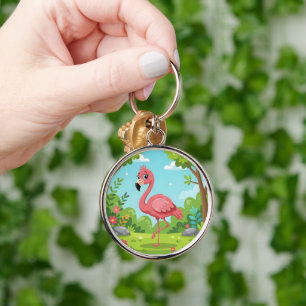 Cute bright pink flamingo in garden key ring