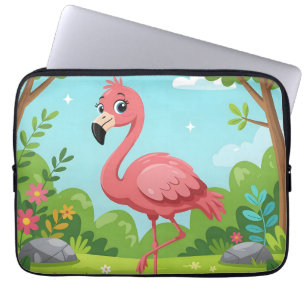 Cute bright pink flamingo in garden laptop sleeve