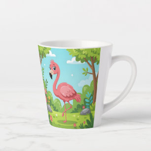Cute bright pink flamingo in garden latte mug