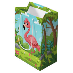 Cute bright pink flamingo in garden medium gift bag