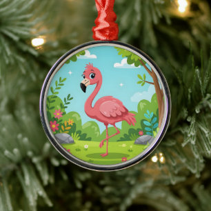 Cute bright pink flamingo in garden metal ornament