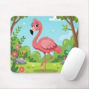 Cute bright pink flamingo in garden mouse pad
