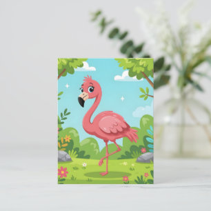 Cute bright pink flamingo in garden postcard