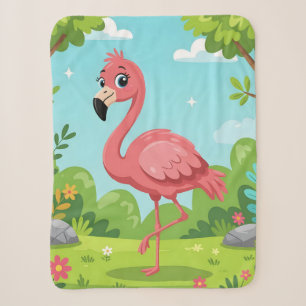 Cute bright pink flamingo in garden sherpa blanket