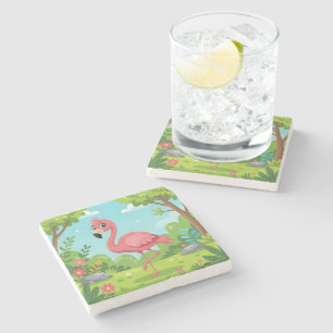 Cute bright pink flamingo in garden stone coaster