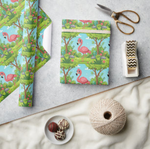 Cute bright pink flamingo in garden wrapping paper