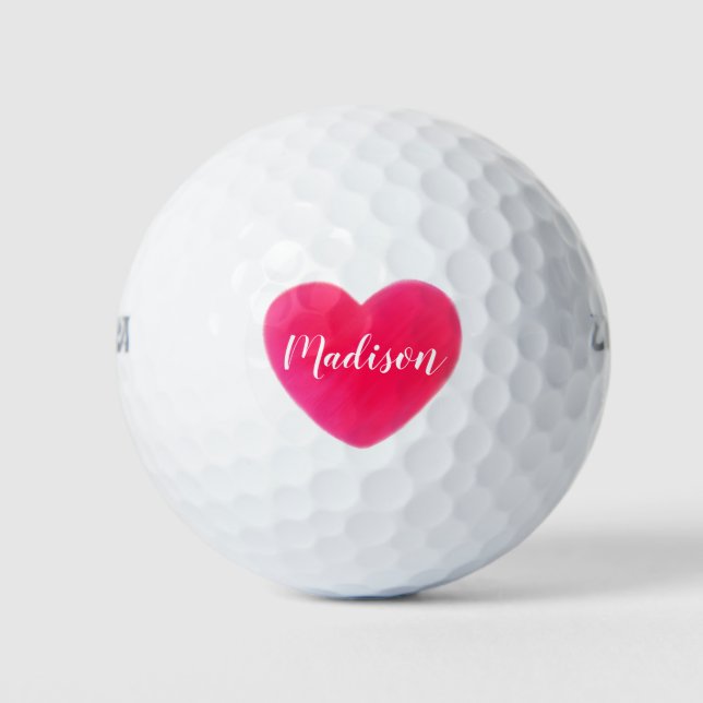 Cute Bright Pink Heart Personalised  Golf Balls (Front)