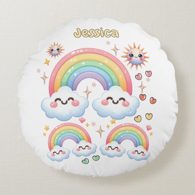 Cute Bright Rainbow Clouds Round Cushion (Front)