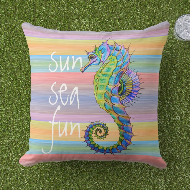 Cute Bright Summer Colours Artsy Seahorse Cushion (Grass)