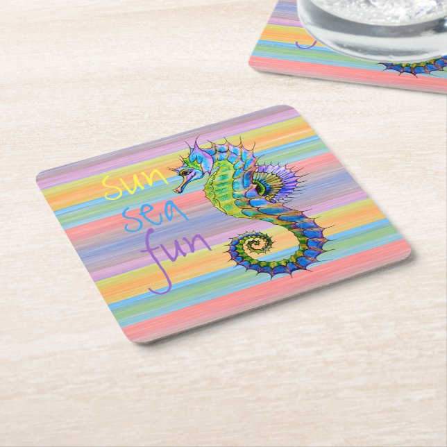 Cute Bright Sunset Colours Artsy Seahorse Square Paper Coaster (Angled)