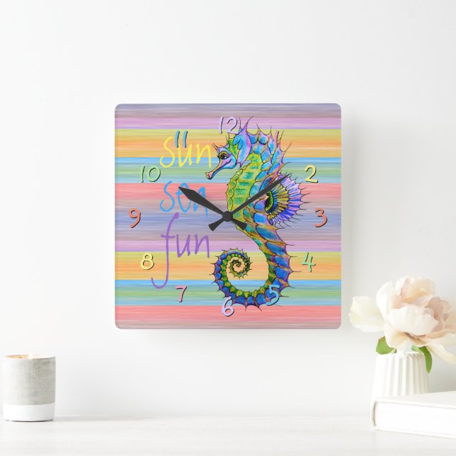 Cute Bright Sunset Colours Artsy Seahorse Square Wall Clock (Home)
