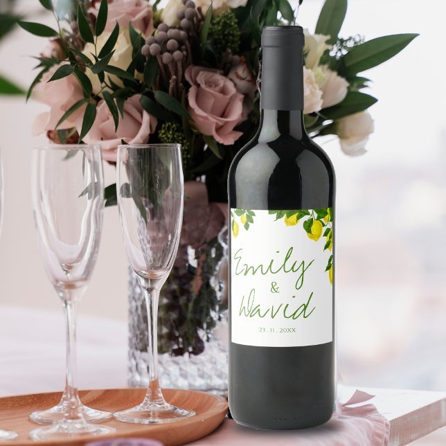 Cute Bright Yellow Lemon Elegant Citrus Wedding Wine Label (Creator Uploaded)