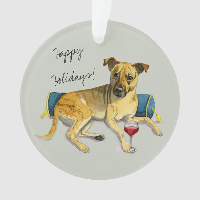 Cute Brindle Dog Enjoying Wine Painting Ornament (Front)