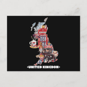 Cute British Icons map United Kingdom Collage Art Postcard