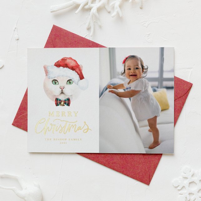 Cute British Shorthair Cat Santa Photo Christmas Foil Holiday Card (Creator Uploaded)