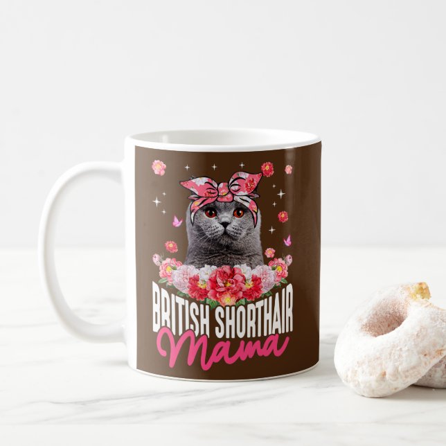 Cute British Shorthair Mama Flower Bandana Cat Coffee Mug (With Donut)