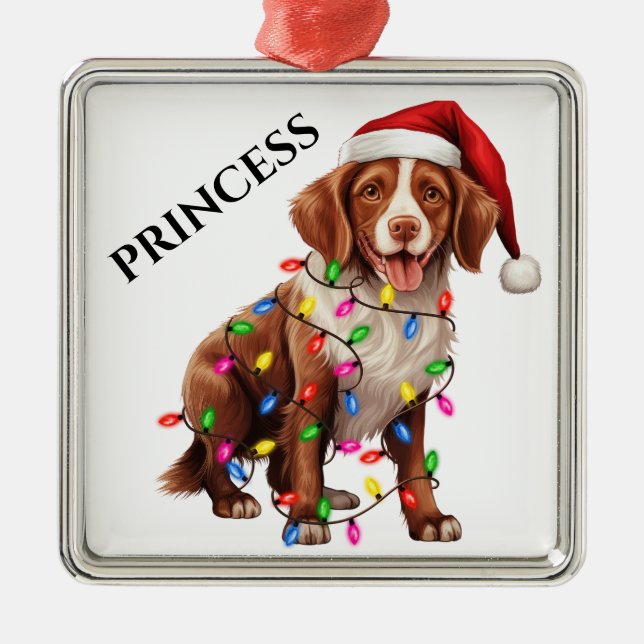 CUTE BRITTANY DOG WITH CHRISTMAS LIGHTS METAL ORNAMENT (Front)