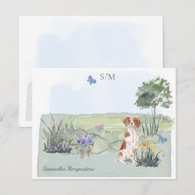 Cute Brittany Spaniel Dog Butterfly Monogram Name  Card (Front/Back)