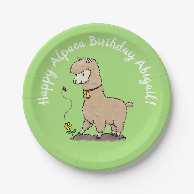 Cute brown alpaca with butterfly birthday cartoon paper plate (Front)