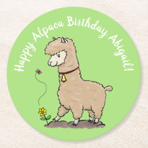 Cute brown alpaca with butterfly birthday cartoon round paper coaster